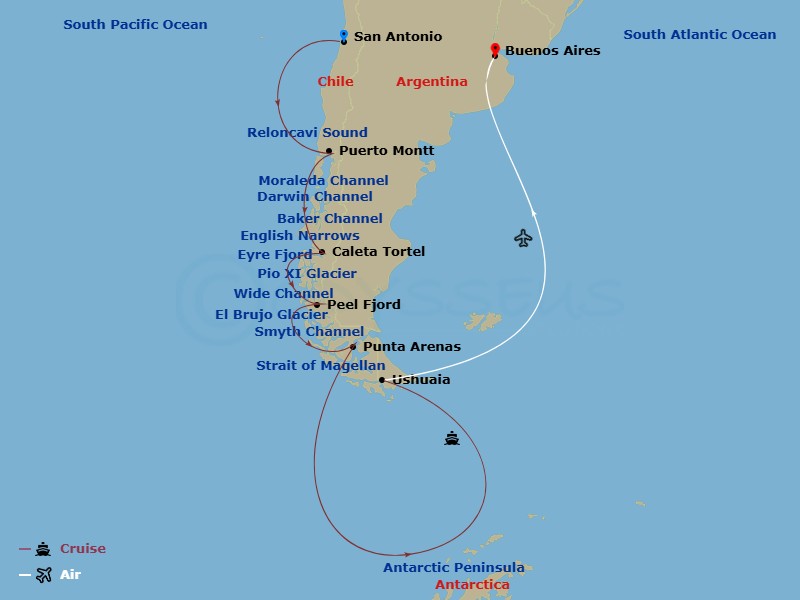 Seabourn Pursuit Cruise Tours - 18 Night - Chilean Fjords & Antarctica - Tour An1 - Seabourn Pursuit Cruise Tours - Starting in San Antonio CL (Santiago), Chile, Scenic Cruising Reloncavi So.. itinerary map