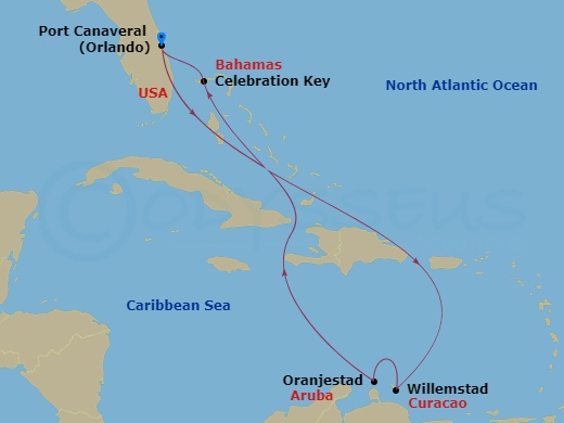 Carnival Vista - 8 Night - Southern Caribbean - Carnival Vista - Starting in Port Canaveral (Orlando), Fl, Curacao, Aruba, Celebration Key, the Bahamas, Port Canaveral (Orland.. itinerary map