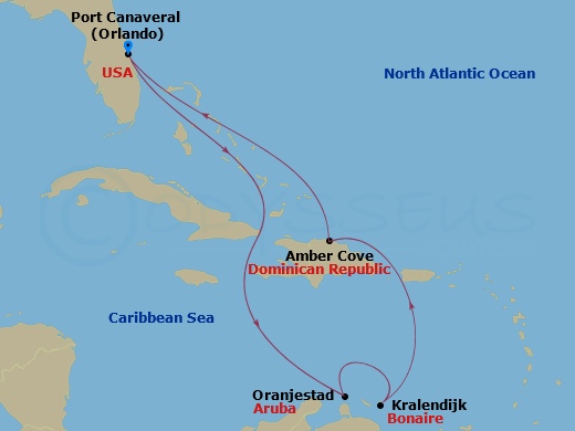 Carnival Vista - 8 Night - Southern Caribbean - Carnival Vista - Starting in Port Canaveral (Orlando), Fl, Aruba, Bonaire, Amber Cove, Dominican Republic, Port Canaveral (Orla.. itinerary map