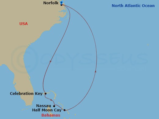 Carnival Sunshine - 7 Night - Bahamas - Carnival Sunshine - Starting in Norfolk, Va, Relaxaway, Half Moon Cay, Nassau, Bahamas, Celebration Key, the Bahamas, Norfolk, Va itinerary map