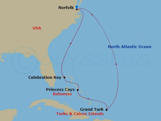 Carnival Sunshine - 7 Night - Eastern Caribbean - Carnival Sunshine - Starting in Norfolk, Va, Grand Turk, Relaxaway, Half Moon Cay, Celebration Key, the Bahamas, Norfolk, Va itinerary map
