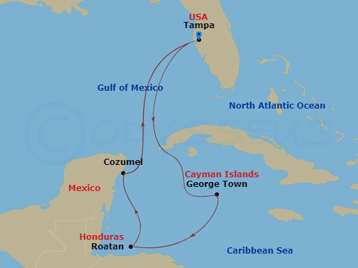Carnival Legend - 8 Night - Western Caribbean - Carnival Legend - Starting in Tampa, Fl, Grand Cayman, Cayman Islands, Isla Tropicale, Roatan, Belize, Cozumel, Mexico, Tampa, Fl itinerary map