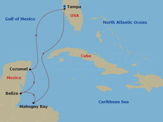 Carnival Legend - 6 Night - Bahamas - Carnival Legend - Starting in Tampa, Fl, Celebration Key, the Bahamas, Relaxaway, Half Moon Cay, Nassau, Bahamas, Tampa, Fl itinerary map