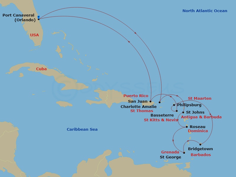 Carnival Venezia - 14 Night - Journeys - Southern Caribbean - Carnival Venezia - Starting in Port Canaveral (Orlando), Fl, St Thomas, US Virgin Islands, Antigua, Dominica, Grena.. itinerary map