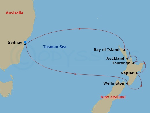 Carnival Splendor - 11 Night - Journeys - New Zealand - Carnival Splendor - Starting in Sydney AU, Wellington, New Zealand, Napier, New Zealand, Tauranga, New Zealand, Auckland,.. itinerary map