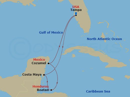 Carnival Miracle - 7 Night - Western Caribbean - Carnival Miracle - Starting in Tampa, Fl, Cozumel, Mexico, Belize, Mahogany Bay, Roatan, Costa Maya, Mexico, Tampa, Fl itinerary map
