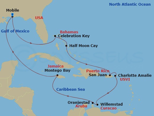 Carnival Spirit - 14 Night - Journeys - Southern Caribbean - Carnival Spirit - Starting in Mobile, Al, Celebration Key, the Bahamas, Half Moon Cay, the Bahamas, San Juan, Puert.. itinerary map