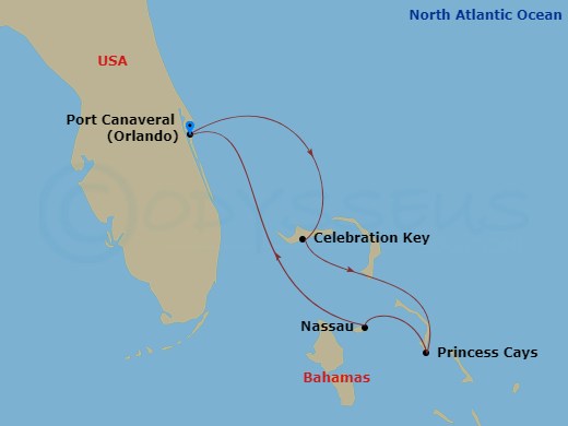 Carnival Freedom - 5 Night - Bahamas - Carnival Freedom - Starting in Port Canaveral (Orlando), Fl, Celebration Key, the Bahamas, Princess Cays, the Bahamas, Nassau, Bahamas, Po.. itinerary map