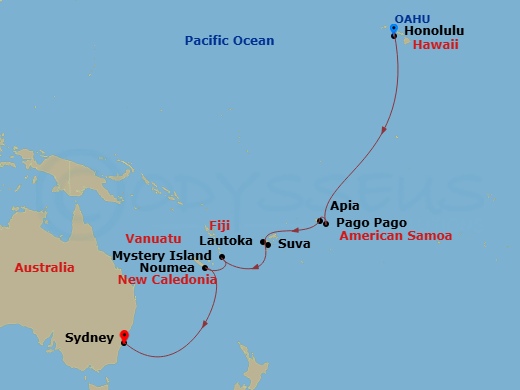 Celebrity Edge - 18 Night - Fiji Transpacific Cruise - Celebrity Edge - Starting in Honolulu, Oahu, Hawaii, Pago Pago, American Samoa, International Dateline, Apia, Samoa, Suv.. itinerary map
