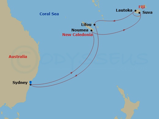 Celebrity Edge - 12 Night - Fiji & New Caledonia Cruise - Celebrity Edge - Starting in Sydney AU, Noumea, New Caledonia, Suva, Fiji, Lautoka, Fiji, Lifou, Loyalty Island, Sydn.. itinerary map