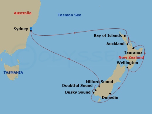 Celebrity Edge - 12 Night - New Zealand Cruise - Celebrity Edge - Starting in Sydney AU, Milford Sound, New Zealand, Doubtful Sound, Dusky Sound, Dunedin, New Zealand, Welling.. itinerary map