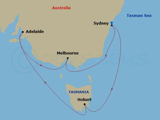 Celebrity Edge - 9 Night - Australia Wine Cruise - Celebrity Edge - Starting in Sydney AU, Hobart, Tasmania, Adelaide, Australia, Melbourne, Australia, Sydney AU itinerary map