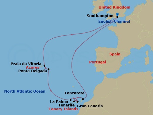 14 Night - Azores and the Canary Islands - Queen Elizabeth - Starting in Southampton, England, UK, Praia da Vitoria, Azores, Portugal, Ponta Delgada, Azores, Portugal, La Palma, Spain, Gran Canaria, Spain, Tenerife, Spain, Lanzarote, Spain, Southampton, England, UK itinerary map