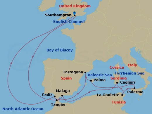 16 Night - Morocco, Spain, Italy and Tunisia - Queen Elizabeth - Starting in Southampton, England, UK, Tangier, Morocco, Tarragona, Spain, Palma De Mallorca, Spain, Palermo, Sicily, Italy, La Goulette (tours to Carthage or Tunis), Tunisia, Cagliari, Sardinia, Italy, Malaga (tours to Granada), Spain, Cadiz (tours to Seville), Spain, Southampton, England, UK itinerary map