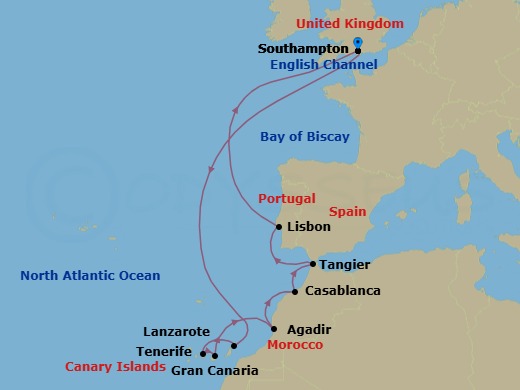 16 Night - Portugal, Spain and Morocco - Queen Elizabeth - Starting in Southampton, England, UK, Lanzarote, Spain, Tenerife, Spain, Gran Canaria, Spain, Agadir, Morocco, Casablanca, Morocco, Tangier, Morocco, Lisbon, Portugal, Southampton, England, UK itinerary map