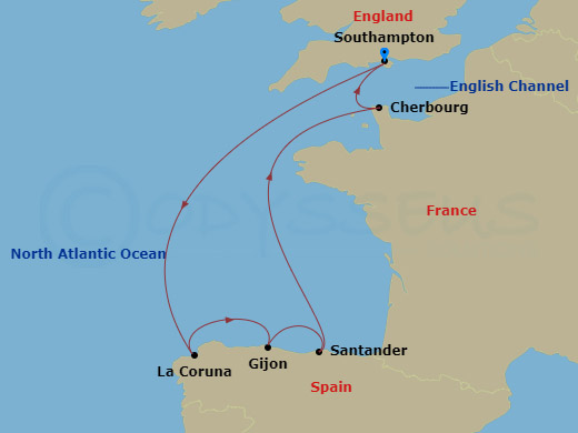 Queen Elizabeth - 7 Night - Spain and France - Queen Elizabeth - Starting in Southampton, England, UK, La Coruna (tours to Santiago de Compostela), Spain, Gijon, Spain, Santand.. itinerary map
