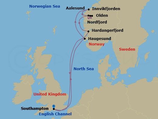 7 Night - Norwegian Fjords - Queen Elizabeth - Starting in Southampton, England, UK, Haugesund, Norway, Alesund, Norway, Olden, Norway, Innvikfjorden, Norway (Scenic Cruising), Nordfjord, Norway (Scenic Cruising), Hardangerfjord, Norway (Scenic Cruising), Southampton, England, UK itinerary map