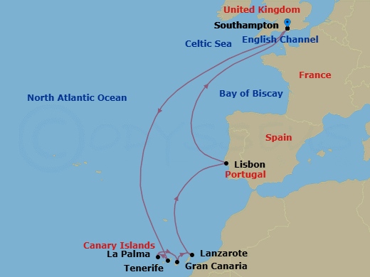 12 Night - Canary Islands - Queen Elizabeth - Starting in Southampton, England, UK, Tenerife, Spain, La Palma, Spain, Gran Canaria, Spain, Lanzarote, Spain, Lisbon, Portugal, Southampton, England, UK itinerary map