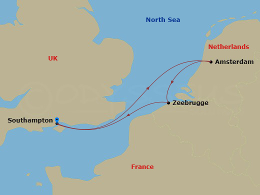 Queen Elizabeth - 5 Night - Rotterdam and Zeebrugge - Queen Elizabeth - Starting in Southampton, England, UK, Rotterdam, Netherlands, Zeebrugge (tours to Bruges), Belgium, Sout.. itinerary map