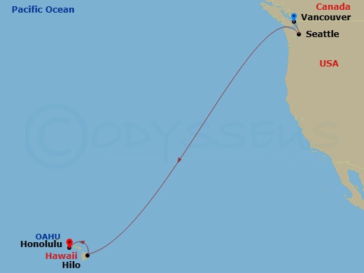 Celebrity Edge - 9 Night - Hawaii Cruise - Celebrity Edge - Starting in Vancouver, British Columbia, Seattle, Washington, Hilo, Hawaii, Honolulu, Oahu, Hawaii itinerary map