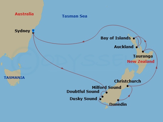 Celebrity Edge - 13 Night - New Zealand Holiday Cruise - Celebrity Edge - Starting in Sydney AU, Milford Sound, New Zealand, Doubtful Sound, Dusky Sound, Dunedin, New Zealand,.. itinerary map