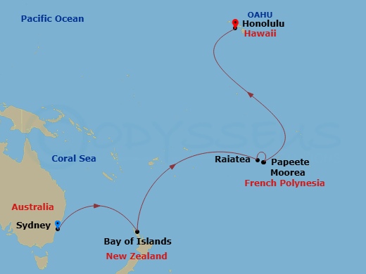 Celebrity Edge - 15 Night - Tahitian Treasures Cruise - Celebrity Edge - Starting in Sydney AU, Bay of Islands, New Zealand, International Dateline, Raiatea, French Polynesia,.. itinerary map
