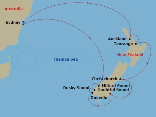 Celebrity Edge - 11 Night - New Zealand Cruise - Celebrity Edge - Starting in Sydney AU, Milford Sound, New Zealand, Doubtful Sound, Dusky Sound, Dunedin, New Zealand, Christc.. itinerary map