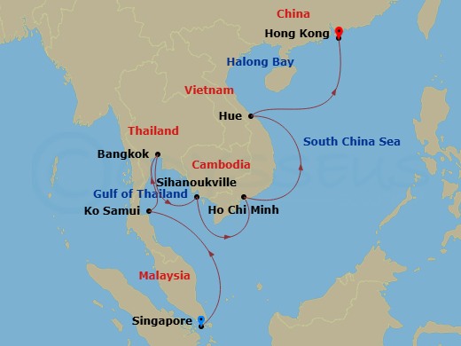 Azamara Quest - 19 Night - Southeast Asia Cruise : Bangkok, Ho Chi Minh City & Hong Kong - Azamara Quest - Starting in Singapore, Ko Samui, Bangkok (Laem Chabang), Sihanoukvi.. itinerary map
