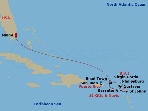 Azamara Journey - 9 Night - Southern Caribbean Cruise : St.Barts, Antigua & Tortola - Azamara Journey - Starting in San Juan, Virgin Gorda, Gustavia, Philipsburg, St Johns AG,.. itinerary map