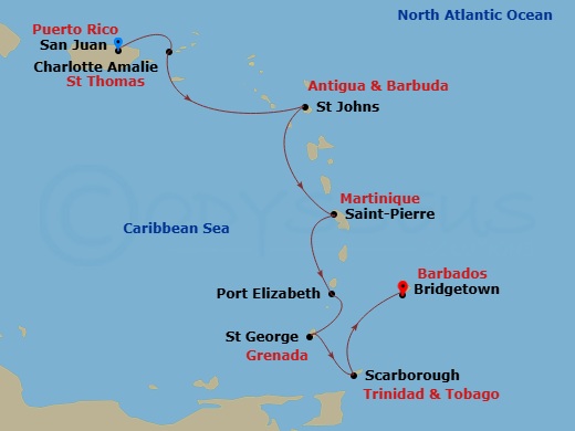 Azamara Quest - 7 Night - Southern Caribbean Cruise : Antigua, Martinique & Bequia - Azamara Quest - Starting in San Juan, Charlotte Amalie, St Thomas, St Johns AG, Saint-Pie.. itinerary map
