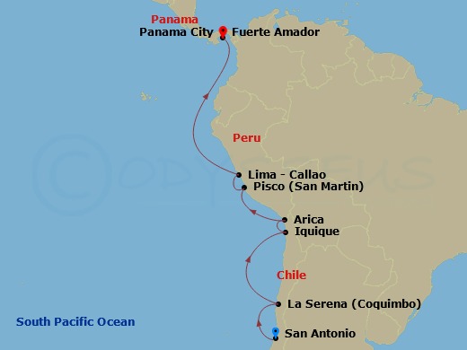 Azamara Quest - 13 Night - Chile & Peru Cruise : Coquimbo, Pisco & Lima - Azamara Quest - Starting in San Antonio Cl, Coquimbo, Iquique, Arica, Pisco, Callao (Lima), Panama C.. itinerary map