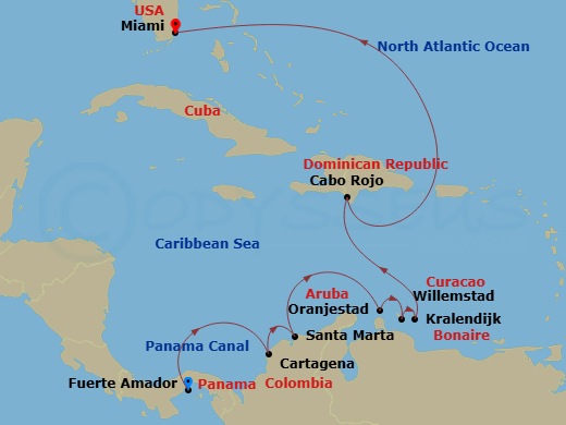 Azamara Quest - 11 Night - Panama Canal & Southern Caribbean Cruise : Cartagena, Aruba & Curacao - Azamara Quest - Starting in Panama City (Fuerte Amador), Panama Canal (Crui.. itinerary map
