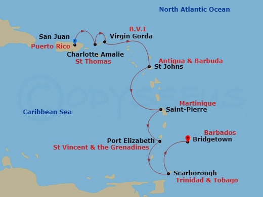 Azamara Quest - 8 Night - Southern Caribbean Cruise : Antigua, Martinique & Bequia - Azamara Quest - Starting in San Juan, Charlotte Amalie, St Thomas, Virgin Gorda, St Johns.. itinerary map