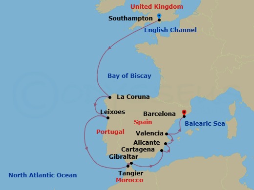 12 Night - Spain, Portugal, Morocco and Gibraltar - Queen Elizabeth - Starting in Southampton, England, UK, La Coruna (tours to Santiago de Compostela), Spain, Leixoes (tours to Porto), Portugal, Tangier, Morocco, Gibraltar, Cartagena ES, Alicante, Spain, Valencia, Spain, Barcelona, Spain itinerary map