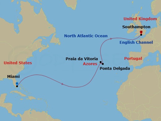 12 Night - Miami to Southampton - Queen Elizabeth - Starting in Miami, FL, Praia da Vitoria, Azores, Portugal, Ponta Delgada, Azores, Portugal, Southampton, England, UK itinerary map