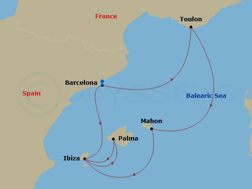 Azamara Journey - 5 Night - Spain Intensive Cruise : Barcelona, Ibiza & Majorca - Azamara Journey - Starting in Barcelona, Provence (Toulon), Mahon, Menorca, Ibiza, Spain, Palm.. itinerary map