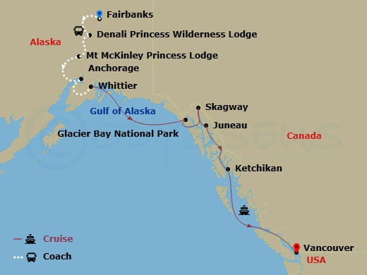 Island Princess Cruise Tours - 13 Night - Denali Explorer - Tour Kb6 - Island Princess Cruise Tours - Starting in Fairbanks, Denali Princess Wilderness Lodge, Mount Mckinley Princess Wilder.. itinerary map