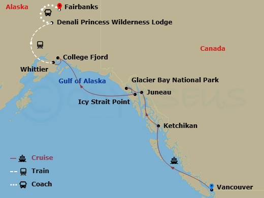 Island Princess Cruise Tours - 11 Night - Denali Explorer - Tour Ga4 - Island Princess Cruise Tours - Starting in Vancouver, Canada, Ketchikan, Alaska, Juneau, Alaska, Glacier Bay National.. itinerary map
