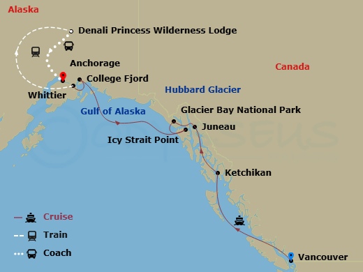 Island Princess Cruise Tours - 11 Night - Denali Explorer - Tour Da4 - Island Princess Cruise Tours - Starting in Vancouver, Canada, Ketchikan, Alaska, Juneau, Alaska, Glacier Bay National.. itinerary map