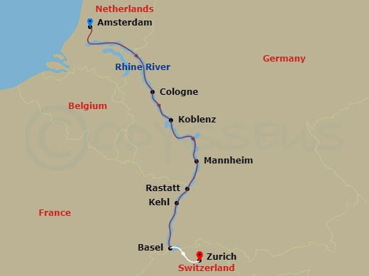 9 Night - Rhine Highlights with Amsterdam - Scenic Pearl - Starting in Amsterdam, Cologne, Koblenz, Mannheim, Rastatt, Kehl, Basel / Zurich itinerary map