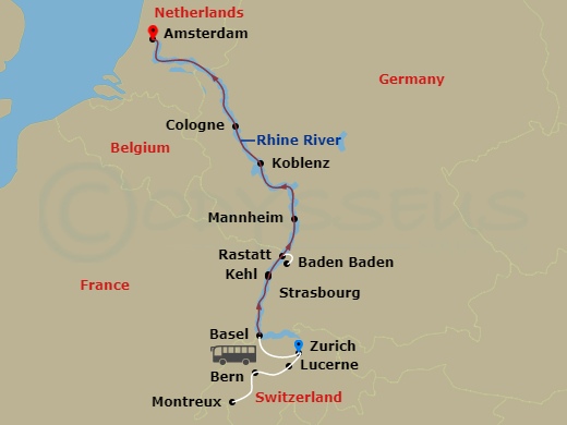 13 Night - Rhine Highlights with Amsterdam & Switzerland - Scenic Pearl - Starting in Zurich, Zurich / Lucerne / Bern, Bern / Montreux, Montreux, Montreux / Basel, Kehl, Rastatt, Mannheim, Koblenz, Cologne, Amsterdam itinerary map