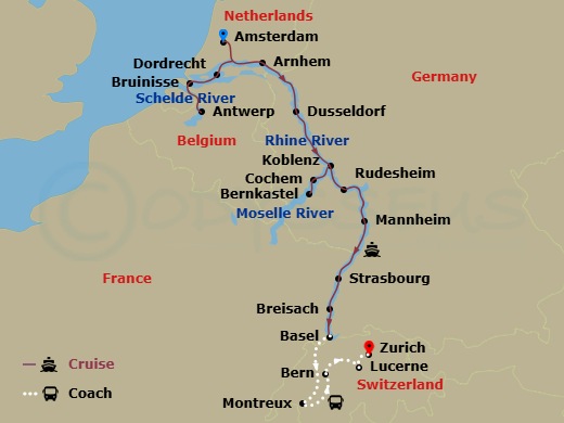 Scenic Ruby - 20 Night - Romantic Rhine & Moselle with Amsterdam & Switzerland - Scenic Ruby - Starting in Amsterdam, Dordrecht, Bruinisse, Antwerp, Arnhem, Dusseldorf, Coc.. itinerary map