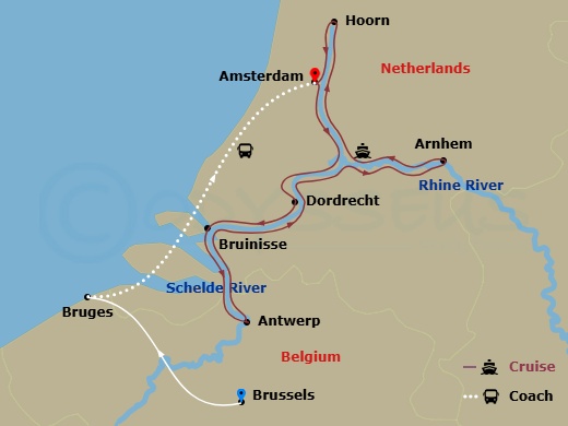 Scenic Ruby - 12 Night - Windmills, Tulips & Belgian Delights with Amsterdam & Bruges - Scenic Ruby - Starting in Brussels / Bruges, Bruges, Bruges / Amsterdam, Dordrecht,.. itinerary map