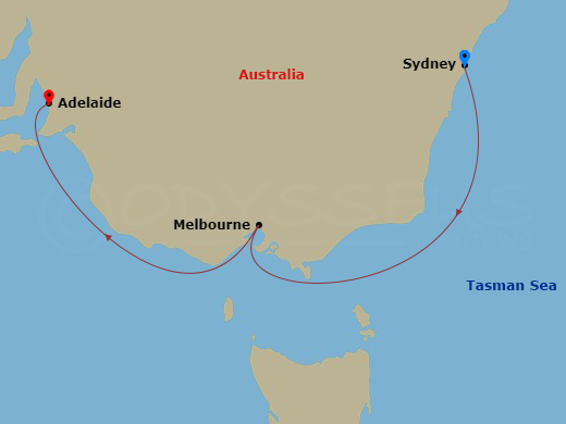 Crown Princess - 4 Night - Southern Australia Seacation - Crown Princess - Starting in Sydney AU, Melbourne, Australia, Adelaide, Australia itinerary map
