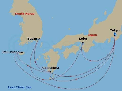 MSC Bellissima - 12 Night - Far East - MSC Bellissima - Starting in Tokyo, Japan, Kobe, Japan, Busan, South Korea, Kagoshima, Japan, Tokyo, Japan, Gangjeong / Jeju Island, Sou.. itinerary map