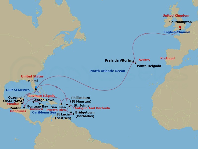 33 Night - Caribbean Celebration - Queen Elizabeth - Starting in Miami, FL, San Juan, Puerto Rico, St Johns AG, Antigua, Castries, St Lucia, Bridgetown, Barbados, Philipsburg, St Maarten, Miami, FL, Grand Cayman, Cayman Islands, Montego Bay, Jamaica, Roatan, Honduras, Costa Maya, Mexico, Cozumel, Mexico, Miami, FL, Praia da Vitoria, Azores, Portugal, Ponta Delgada, Azores, Portugal, Southampton, England, UK itinerary map