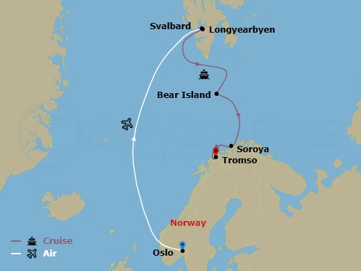 11 Night - Norwegian Discovery : Svalbard and the Northern Fjords - National Geographic Endurance Tours - Starting in Oslo, Norway, Oslo / Longyearbyen / Embark Ship, Svalbard, Bear Island (Bjornoya), Soroya and Senja Islands, Tromso / Disembark Ship itinerary map