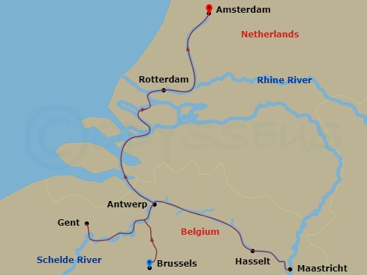 S.S. Elisabeth - 10 Night - Dutch & Belgian Holiday Celebration - S.S. Elisabeth - Starting in Brussels, Ghent, Hasselt, Maastricht, Antwerp, Rotterdam, Rotterdam, Amsterdam,.. itinerary map