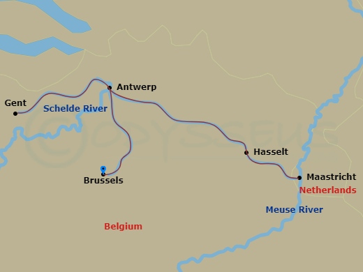 S.S. Elisabeth - 7 Night - Belgian Holiday Markets - S.S. Elisabeth - Starting in Brussels, Ghent, Antwerp, Hasselt, Maastricht, Antwerp, Brussels itinerary map