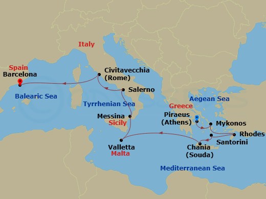 Celebrity Infinity - 12 Night - Greece, Italy & Malta Cruise - Celebrity Infinity - Starting in Athens (Piraeus), Greece, Mykonos, Greece, Rhodes, Greece, Santorini, Greece, Chani.. itinerary map